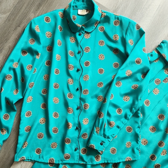 Vintage Tan Jay 2 Piece Midi Dress Set Teal Green With Floral Print Women's 8 - Picture 3 of 16